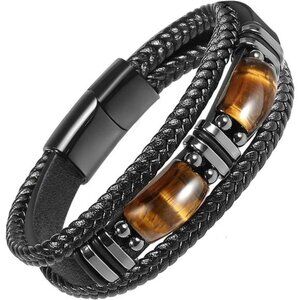 Eye Black Leather Bracelet Men Natural Tiger Eye Gemstone Crystal Stone